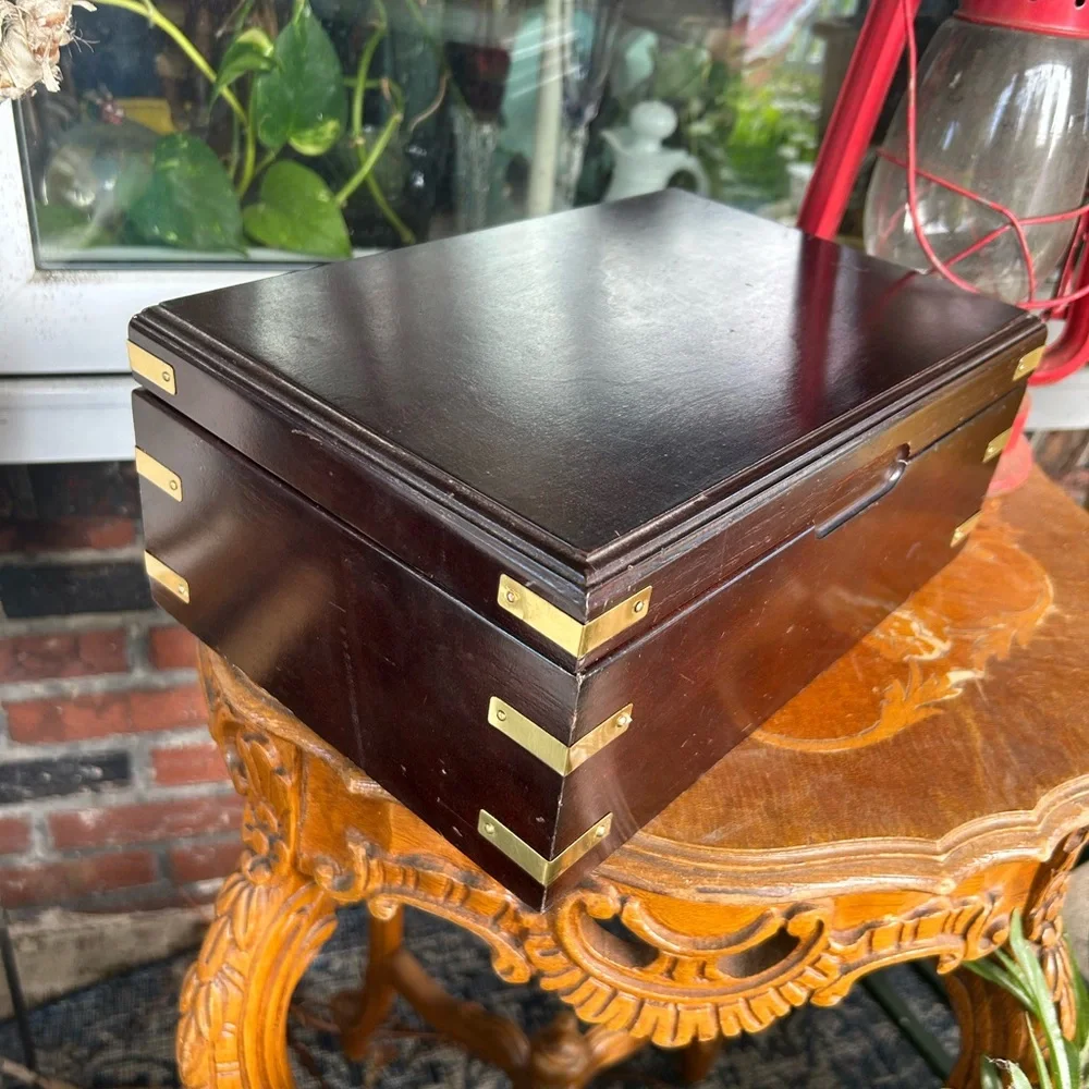Vintage Wooden Jewelry Box with Brass Accents